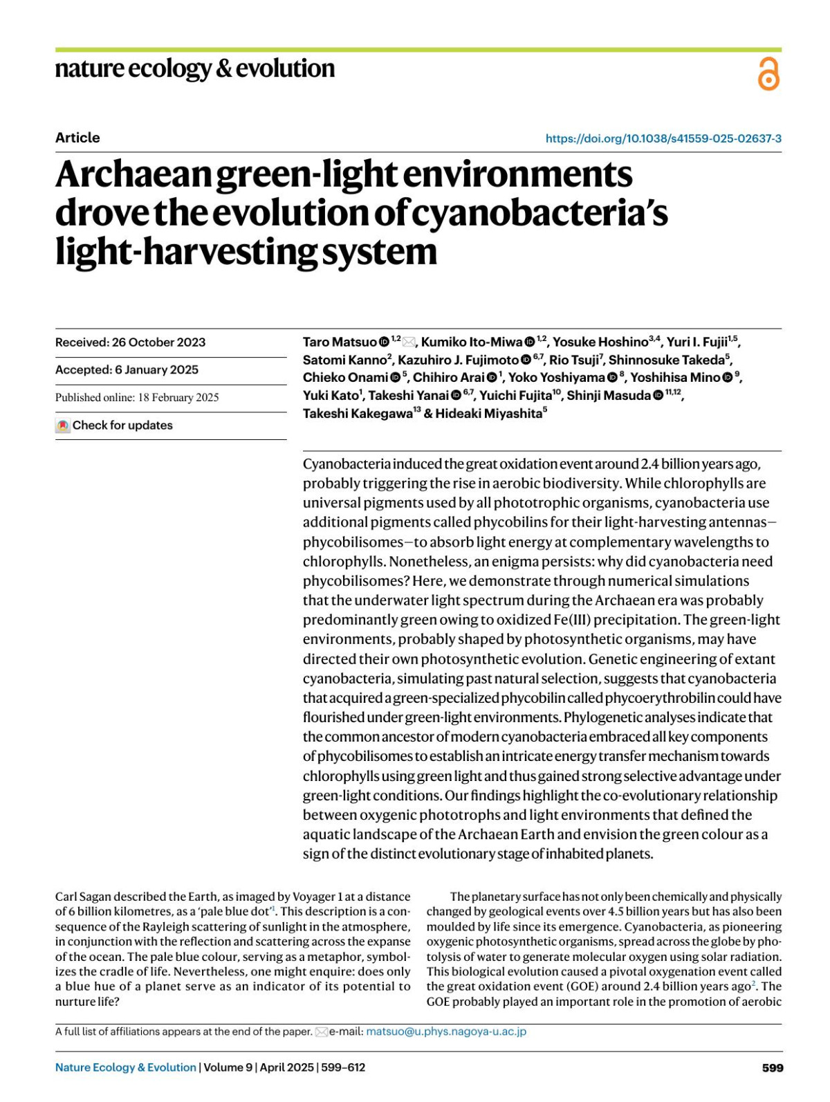 Archaean Greenlight Environments Drove The Evolution Of Cyanobacterias Lightharvesting System Taro Matsuo 1