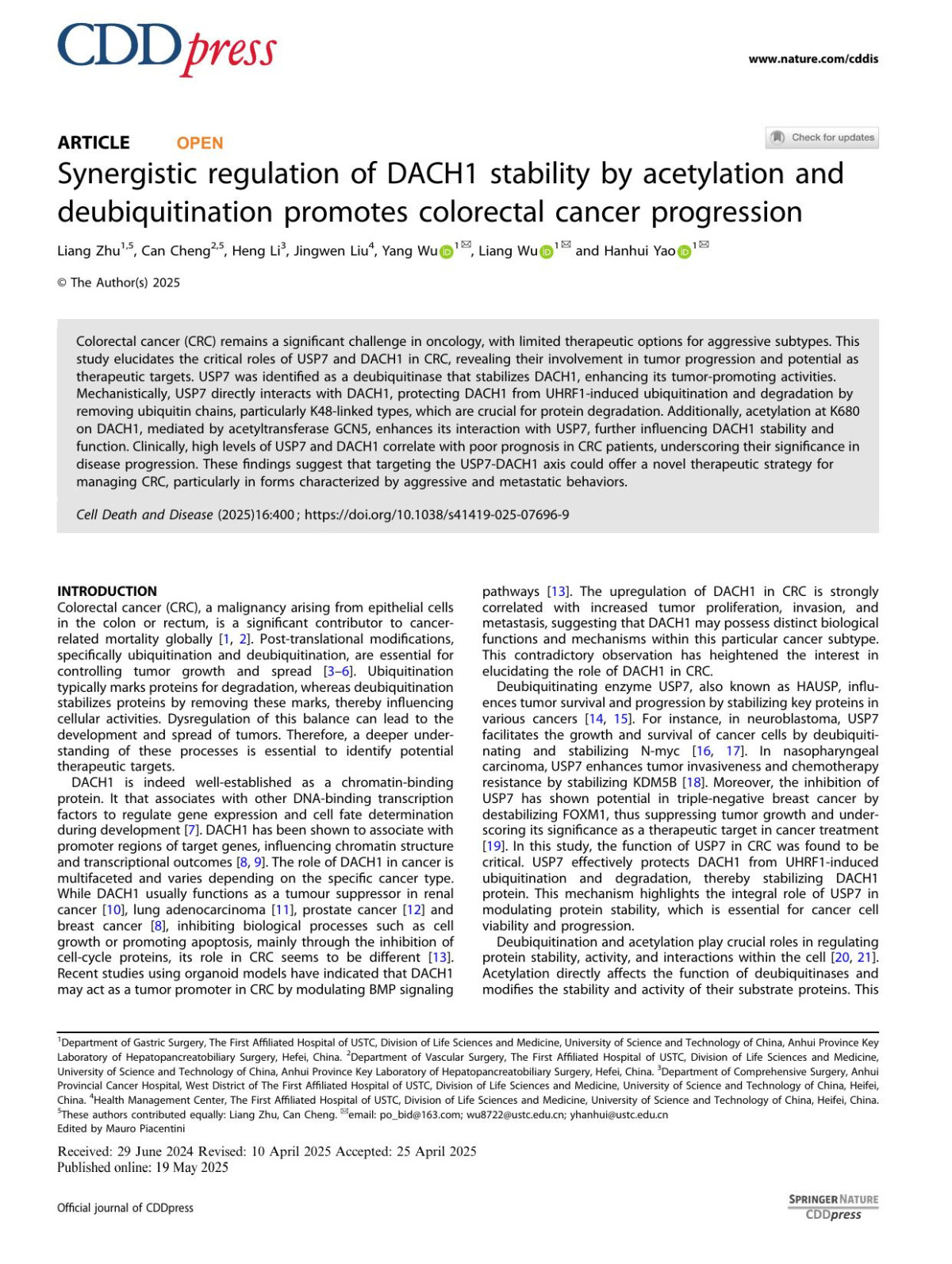 Synergistic Regulation Of Dach1 Stability By Acetylation And Deubiquitination Promotes Colorectal Cancer Progression Liang Zhu Can Cheng Heng Li Jingwen Liu Yang Wu Liang Wu Hanhui Yao