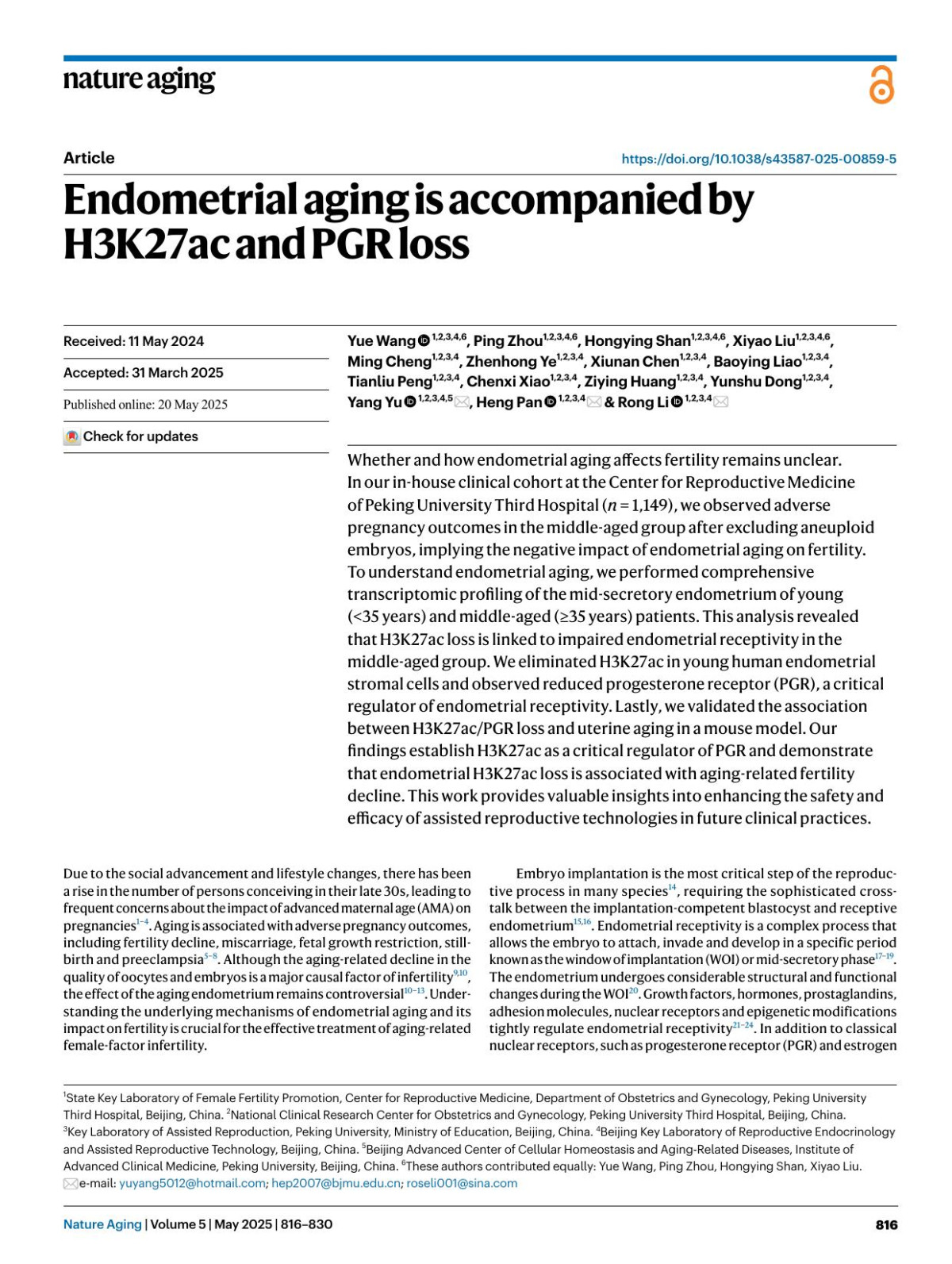 Endometrial Aging Is Accompanied By H3k27ac And Pgr Loss Yue Wang Ping Zhou Hongying Shan Xiyao Liu Ming Cheng Zhenhong Ye Xiunan Chen Baoying Liao Tianliu Peng Chenxi Xiao Ziying Huang Yunshu Dong Yang Yu Heng Pan Rong Li