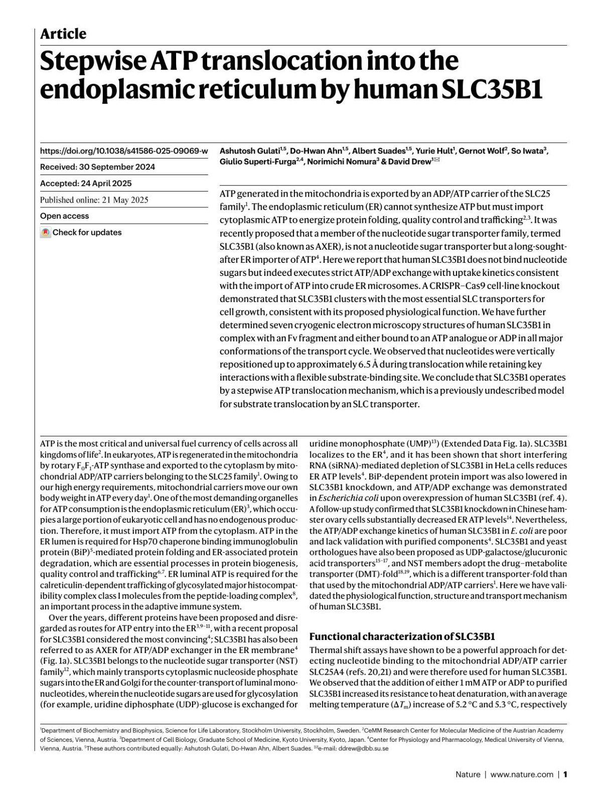 Stepwise Atp Translocation Into The Endoplasmic Reticulum By Human Slc35b1 Ashutosh Gulati Dohwan Ahn Albert Suades Yurie Hult Gernot Wolf So Iwata Giulio Supertifurga Norimichi Nomura David Drew