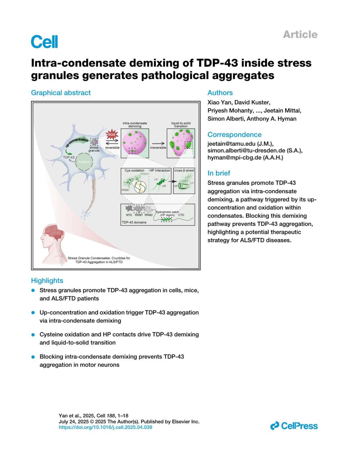 Intracondensate Demixing Of Tdp43 Inside Stress Granules Generates Pathological Aggregates Xiao Yan