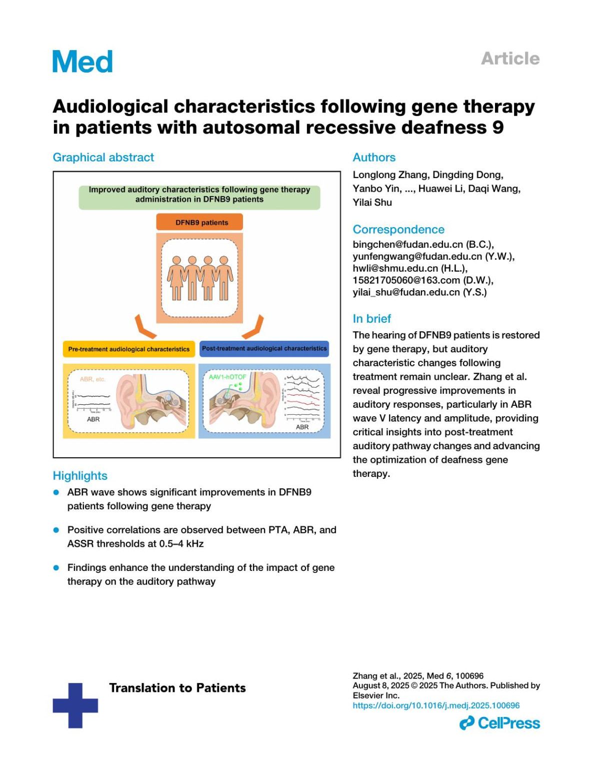 Audiological Characteristics Following Gene Therapyin Patients With Autosomal Recessive Deafness 9 Longlong Zhang Dingding Dong Yanbo Yin Honghai Tang Jun Lv Qi Cao Wuqing Wang Bing Chen Yunfeng Wang Huawei Li Daqi Wang Yilai Shu