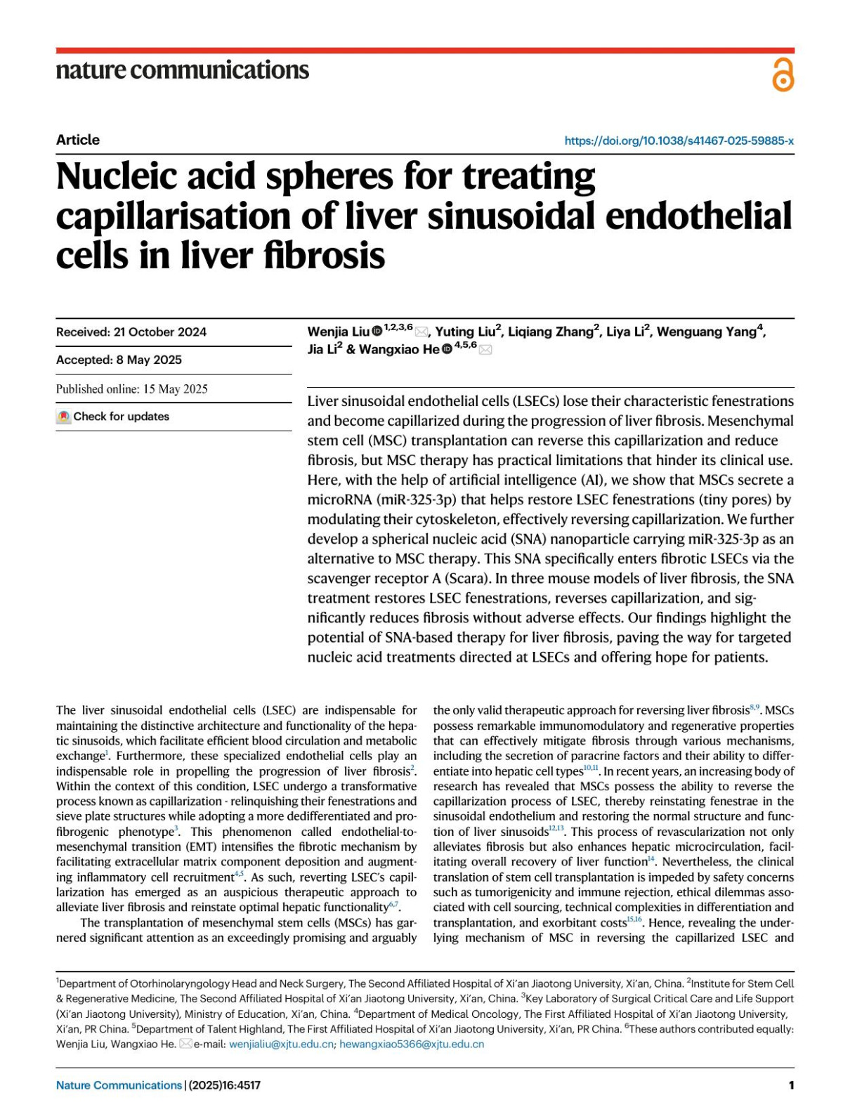 Nucleic Acid Spheres For Treating Capillarisation Of Liver Sinusoidal Endothelial Cells In Liver Fibrosis Wenjia Liu Yuting Liu Liqiang Zhang Liya Li Wenguang Yang Jia Li Wangxiao He