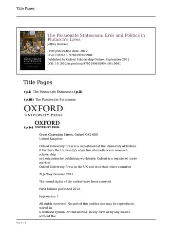 The Passionate Statesman Eros And Politics In Plutarchs Lives Online Jeffrey Beneker