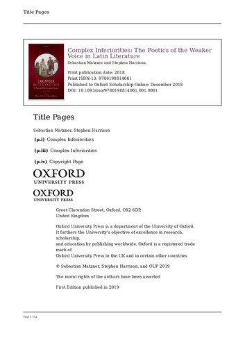 Complex Inferiorities The Poetics Of The Weaker Voice In Latin Literature Sebastian Matzner Stephen J Harrison