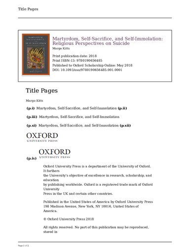 Martyrdom Selfsacrifice And Selfimmolation Religious Perspectives On Suicide Margo Kitts