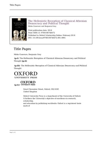 The Hellenistic Reception Of Classical Athenian Democracy And Political Thought Online Mirko Canevaro