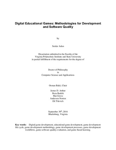 Digital Educational Games Methodologies For Development And Software Quality Serdar Aslan