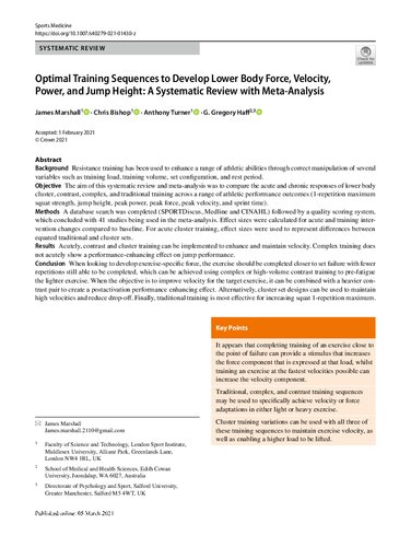 Optimal Training Sequences Todevelop Lower Body Force Velocity Power Andjump Height Asystematic Review Withmetaanalysis Jamesmarshall