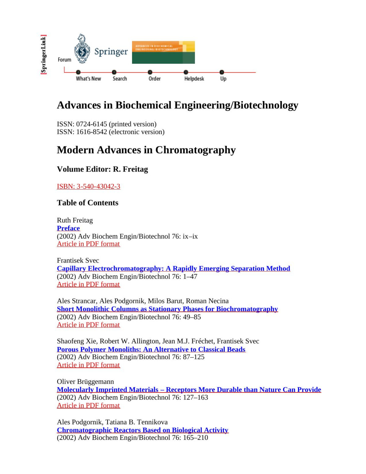 Modern Advances In Chromatography 2002th Edition Ruth Freitag