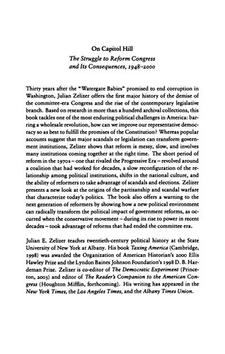 On Capitol Hill The Struggle To Reform Congress And Its Consequences 19482000 Julian E Zelizer
