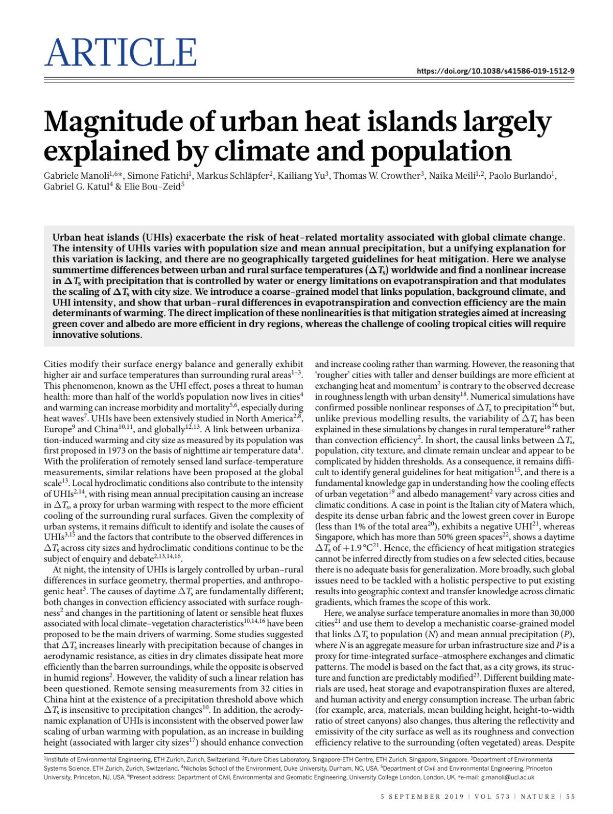 Magnitude Of Urban Heat Islands Largely Explained By Climate And Population Gabriele Manoli Simone Fatichi Markus Schlpfer Kailiang Yu Thomas W Crowther Naika Meili Paolo Burlando Gabriel G Katul Elie Bouzeid