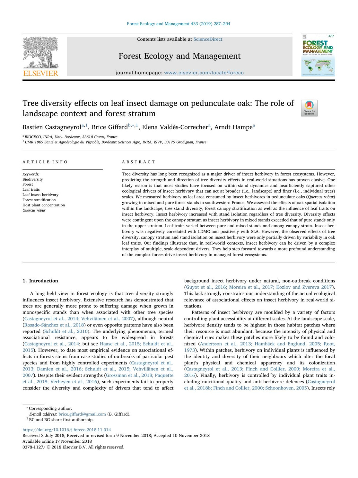 Tree Diversity Effects On Leaf Insect Damage On Pedunculate Oak The Role Of Landscape Context And Forest Stratum Bastien Castagneyrol Brice Giffard Elena Valdscorrecher Arndt Hampe