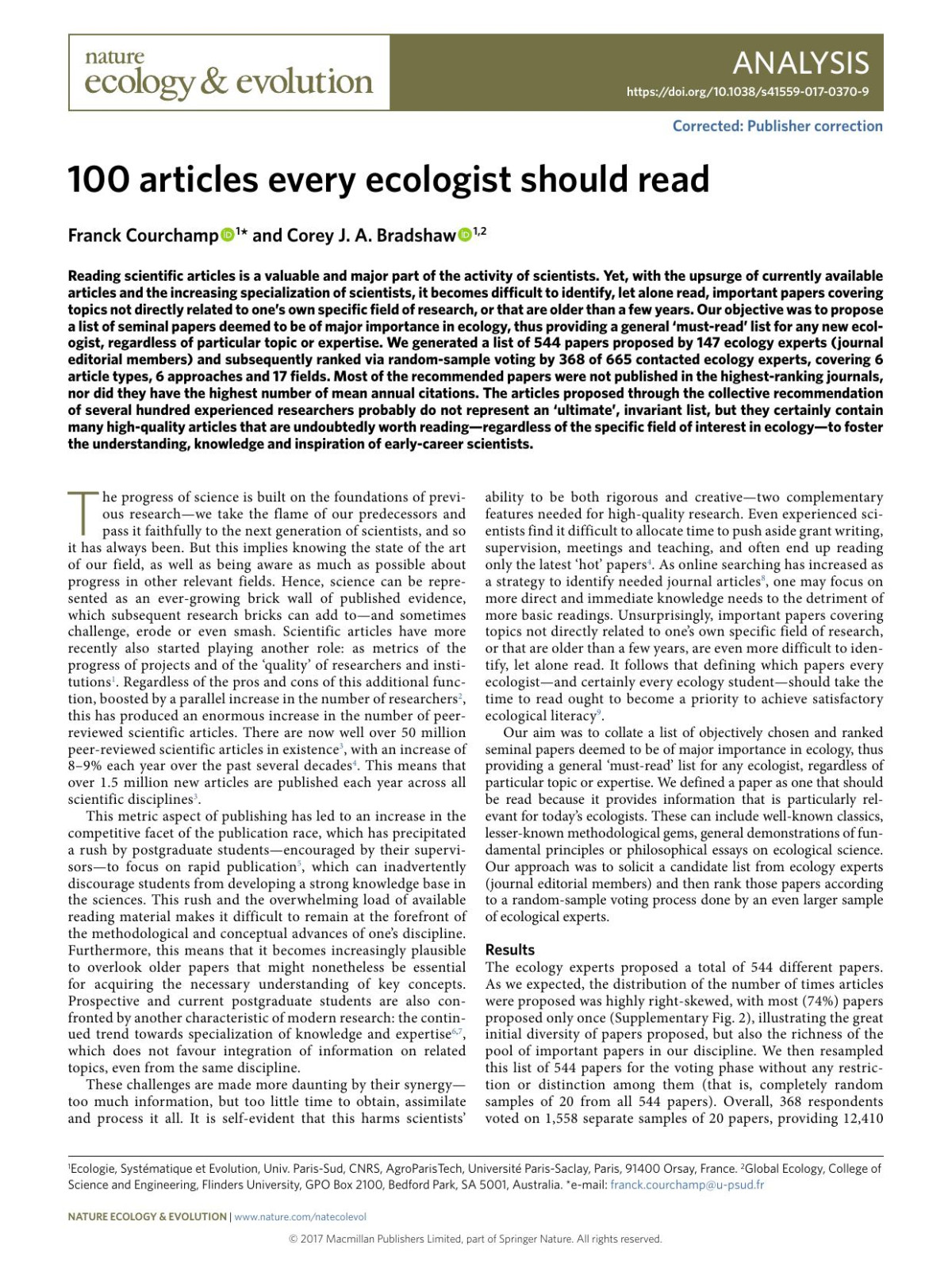 100 Articles Every Ecologist Should Read Franck Courchamp Corey J A Bradshaw