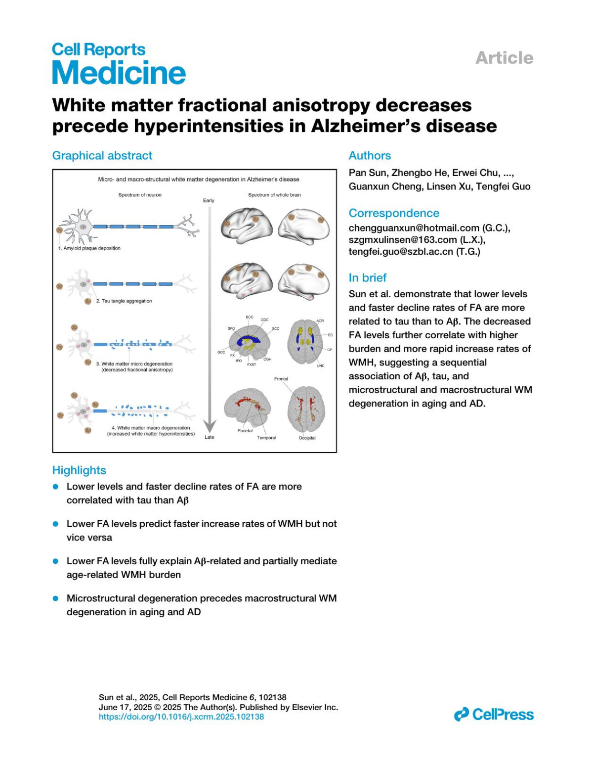 White Matter Fractional Anisotropy Decreases Precede Hyperintensities In Alzheimers Disease Pan Sun