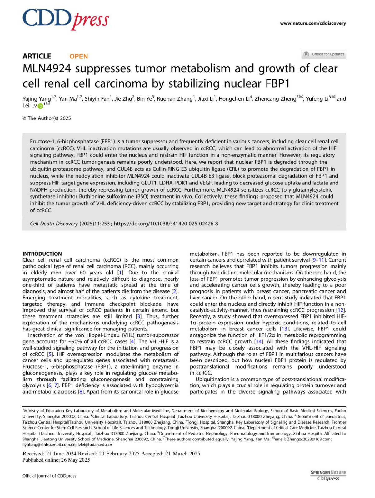 Mln4924 Suppresses Tumor Metabolism And Growth Of Clear Cell Renal Cell Carcinoma By Stabilizing Nuclear Fbp1 Yajing Yang Yan Ma Shiyin Fan Jie Zhu Bin Ye Ruonan Zhang Jiaxi Li Hongchen Li Zhencang Zheng Yufeng Li Lei Lv