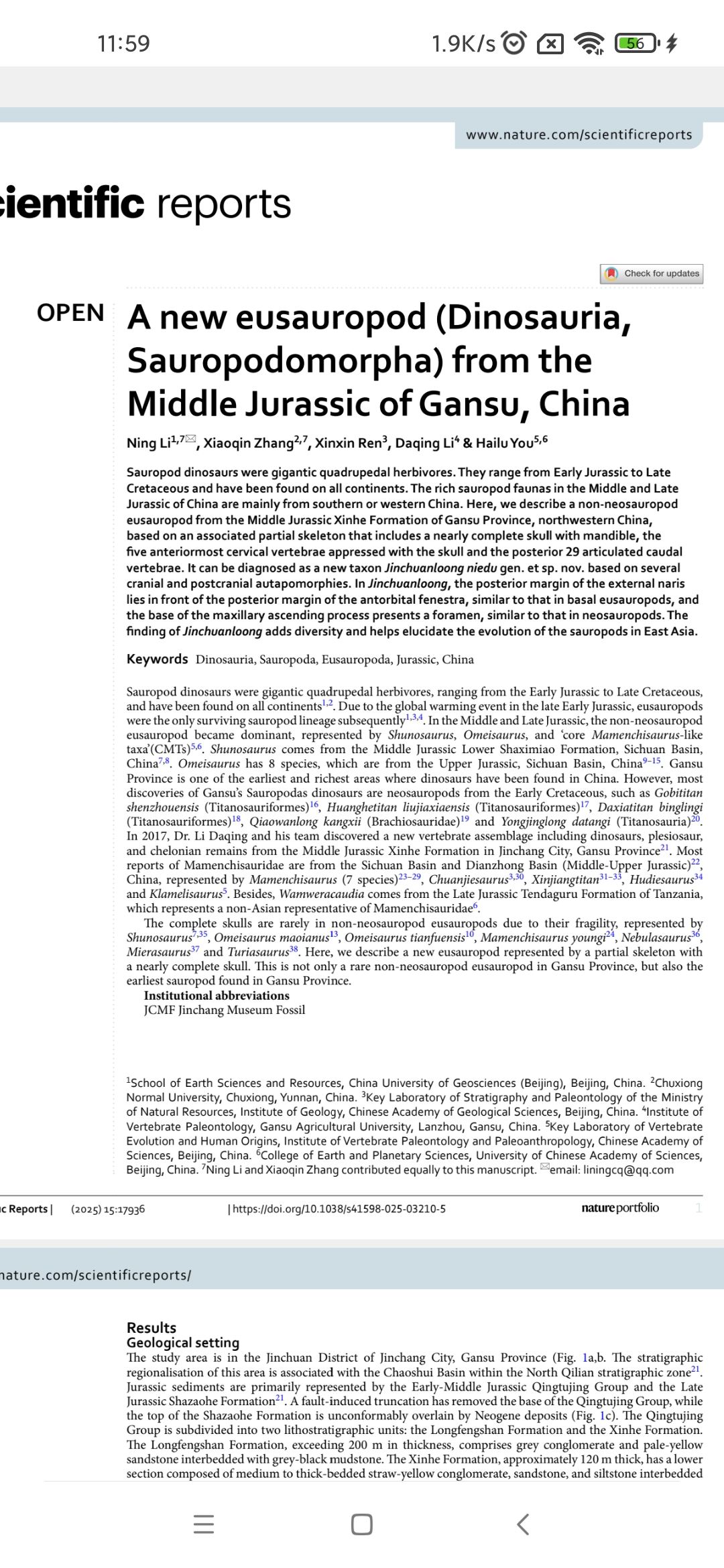 A New Eusauropod Dinosauria Sauropodomorpha From The Middle Jurassic Of Gansu China Scientific Report Li Ning