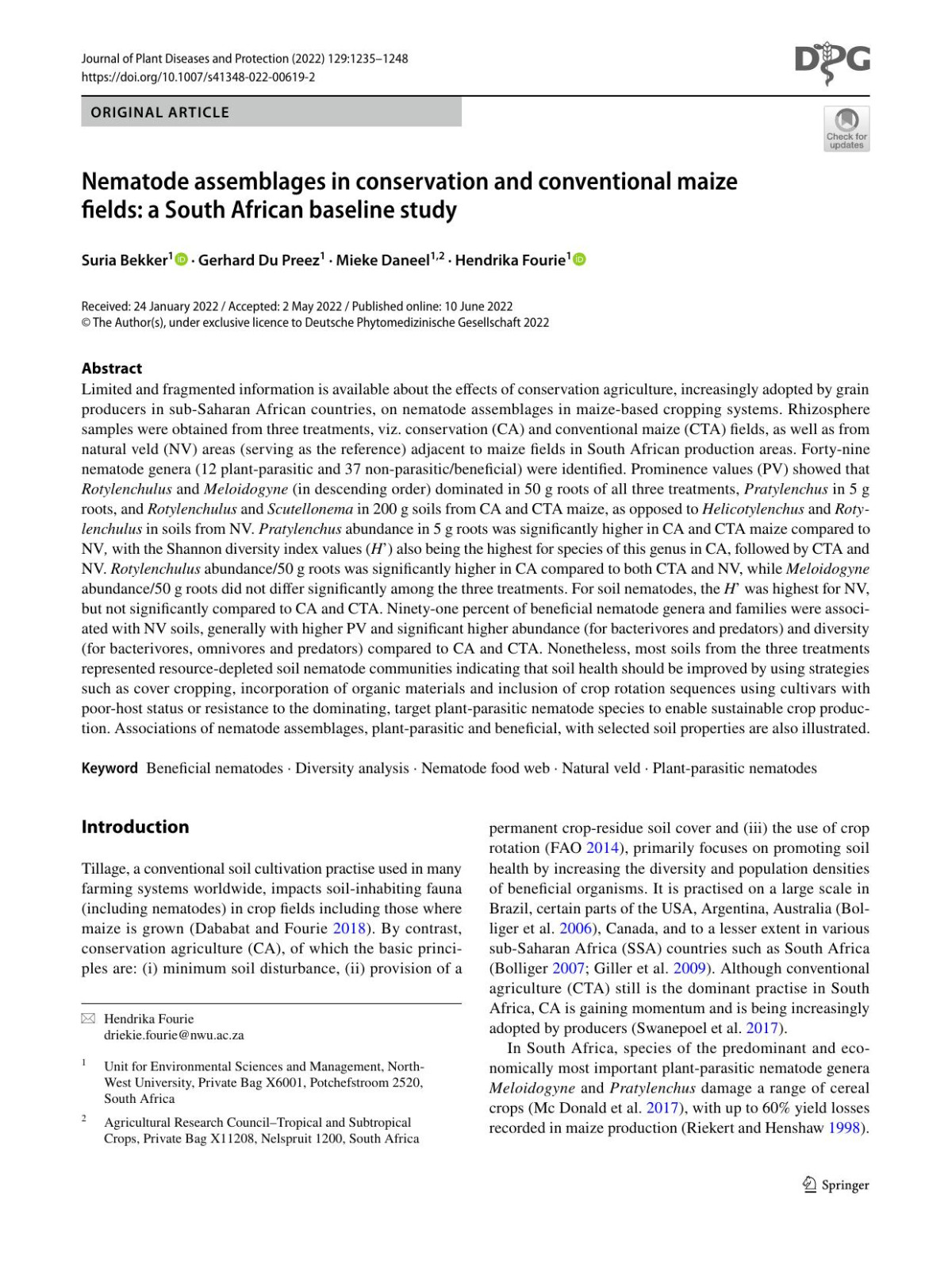 Nematode Assemblages In Conservation And Conventional Maize Fields A South African Baseline Study Suria Bekker Gerhard Du Preez Mieke Daneel Hendrika Fourie