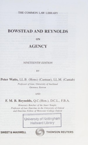 Bowstead And Reynolds On Agency Nineteenth Edition 2010th Edition Peter Watts And Fmbreynolds