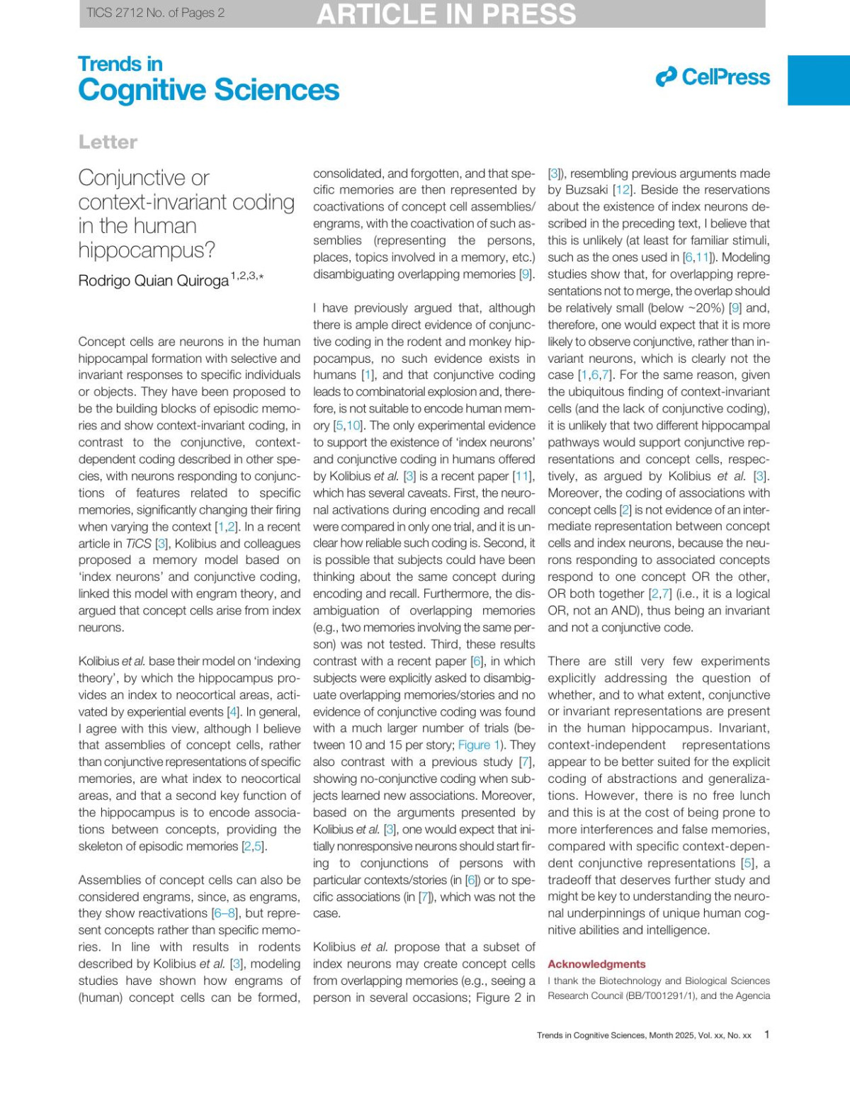Conjunctive Or Contextinvariant Coding In The Human Hippocampus Rodrigo Quian Quiroga