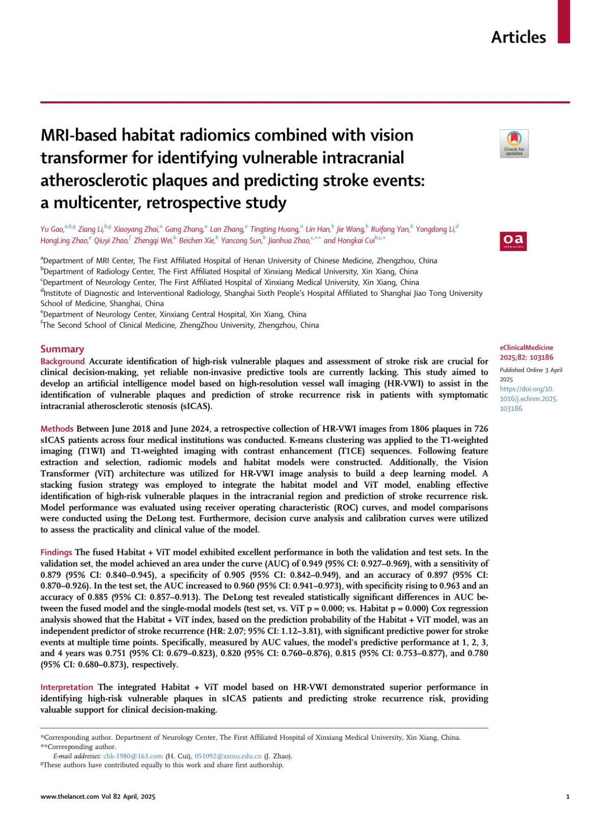 Mribased Habitat Radiomics Combined With Vision Transformer For Identifying Vulnerable Intracranial Atherosclerotic Plaques And Predicting Stroke Events Anbspmulticenter Retrospective Study Yu Gao Ziang Li Xiaoyang Zhai Gang Zhang Lan Zhang Tingting Huang Lin Han Jie Wang Ruifang Yan Yongdong Li Hongling Zhao Qiuyi Zhao Zhengqi Wei Beichen Xie Yancong Sun Jianhua Zhao Hongkai Cui