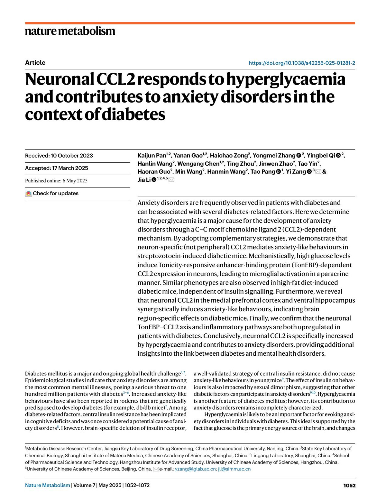 Neuronal Ccl2 Responds To Hyperglycaemia And Contributes To Anxiety Disorders In The Context Of Diabetes Kaijun Pan Yanan Gao Haichao Zong Yongmei Zhang Yingbei Qi Hanlin Wang Wengang Chen Ting Zhou Jinwen Zhao Tao Yin Haoran Guo Min Wang Hanmin Wang Tao Pang Yi Zang Jia Li