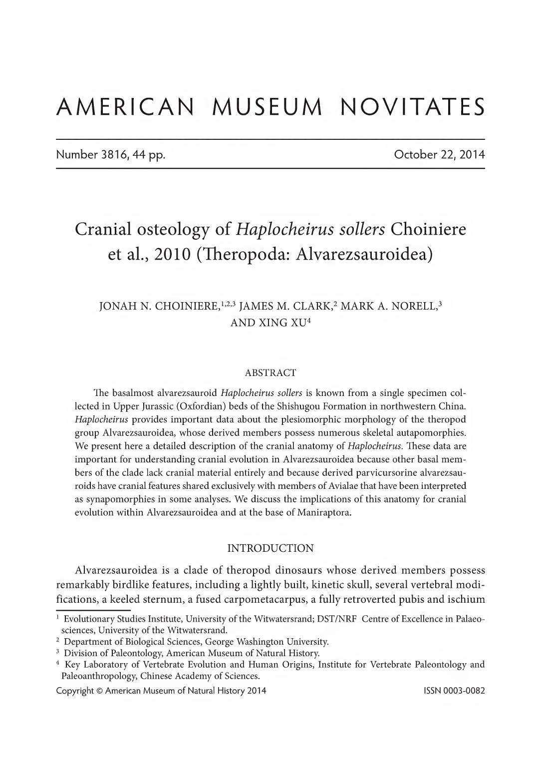 Cranial Osteology Of Haplocheirus Sollers Choiniere Et Al 2010 Theropoda Alvarezsauroidea American Museum Of Natural Historyhum Jonah N Choinierejames Mclarkmark A Norell Et Xu Xing