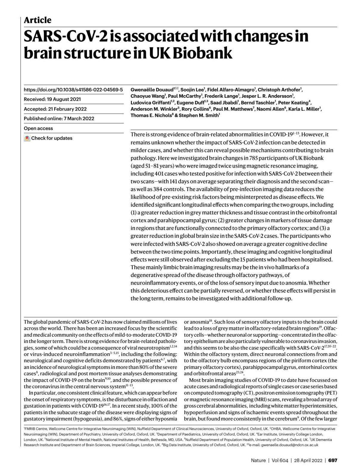 Sarscov2 Is Associated With Changes In Brain Structure In Uk Biobank Scientist