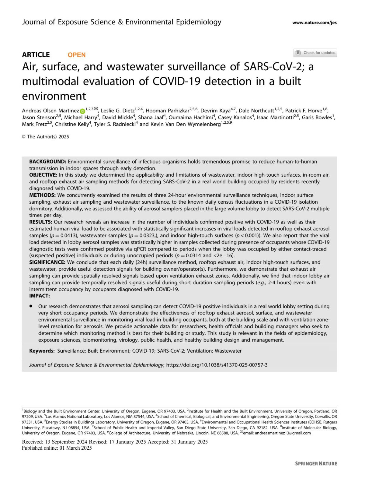 Air Surface And Wastewater Surveillance Of Sarscov2 A Multimodal Evaluation Of Covid19 Detection In A Built Environment Scientist