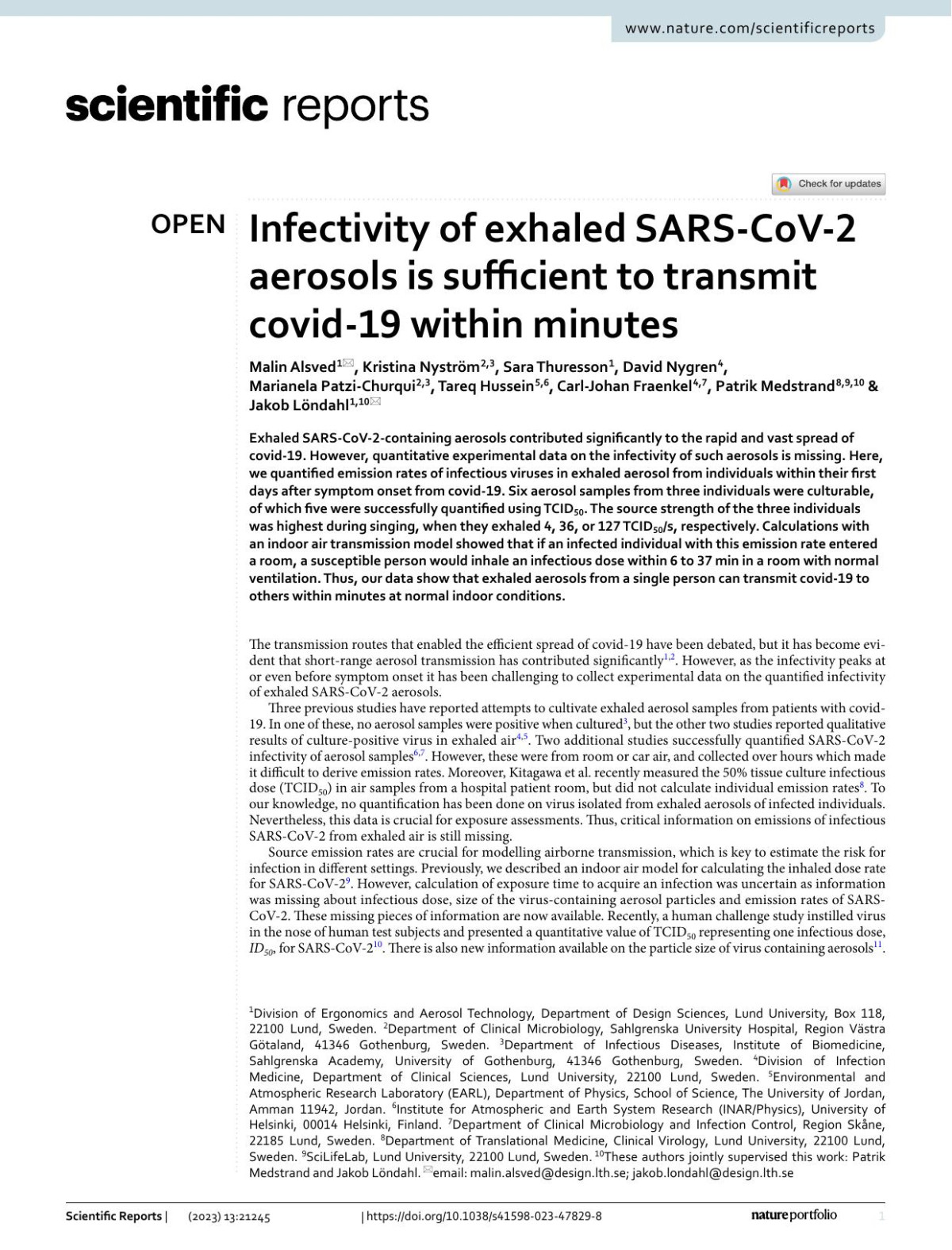 Infectivity Of Exhaled Sarscov2 Aerosols Is Sufficient To Transmit Covid19 Within Minutes Malin Alsved Kristina Nyström Sara Thuresson David Nygren Marianela Patzichurqui Tareq Hussein Carljohan Fraenkel Patrik Medstrand Jakob Löndahl
