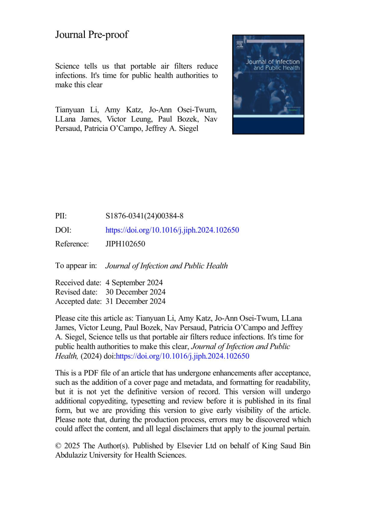 Science Tells Us That Portable Air Filters Reduce Infections Its Time For Public Health Authorities To Make This Clear Tianyuan Li Amy Katz Joann Oseitwum Llana James Victor Leung Paul Bozek Nav Persaud Patricia Ocampo Jeffrey A Siegel