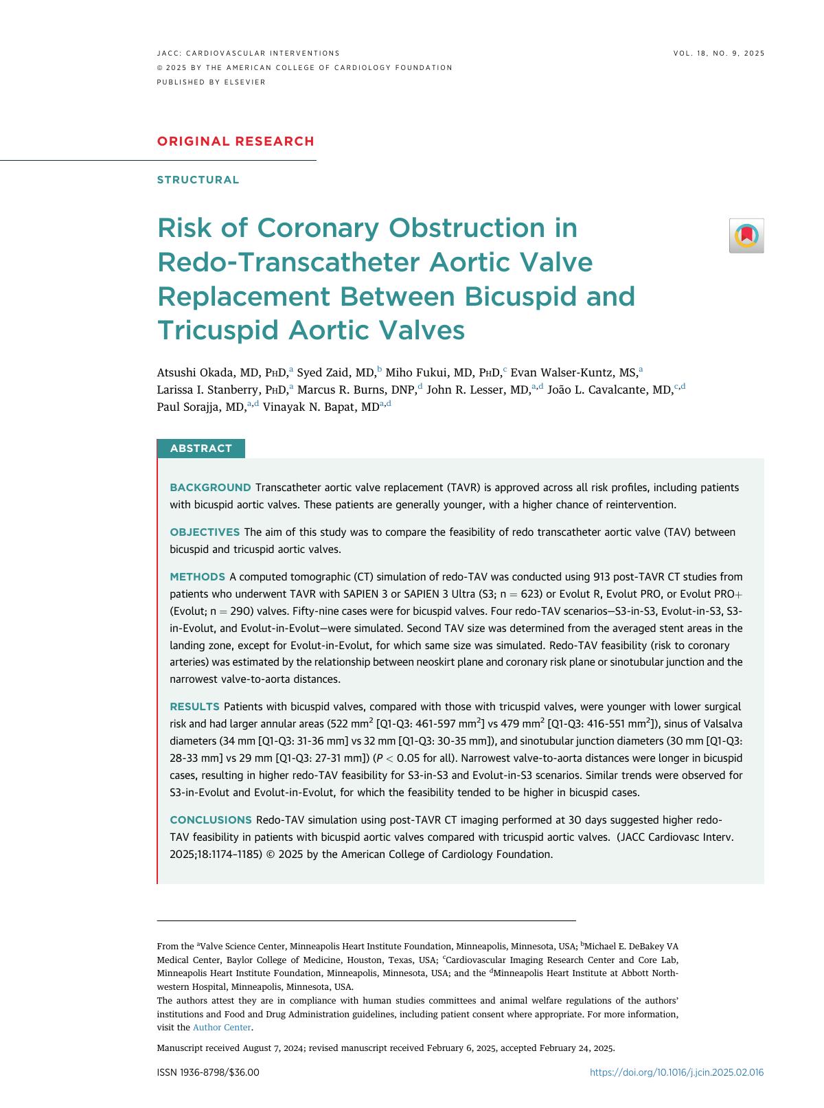 Risk Of Coronary Obstruction In Redotranscatheter Aortic Valve Replacement Between Bicuspid And Tricuspid Aortic Valves Atsushi Okada Md Phd Syed Zaid Md Miho Fukui Md Phd Evan Walserkuntz Ms Larissa I Stanberry Phd Marcus R Burns Dnp John R Lesser Md João L Cavalcante Md Paul Sorajja Md Vinayak N Bapat Md