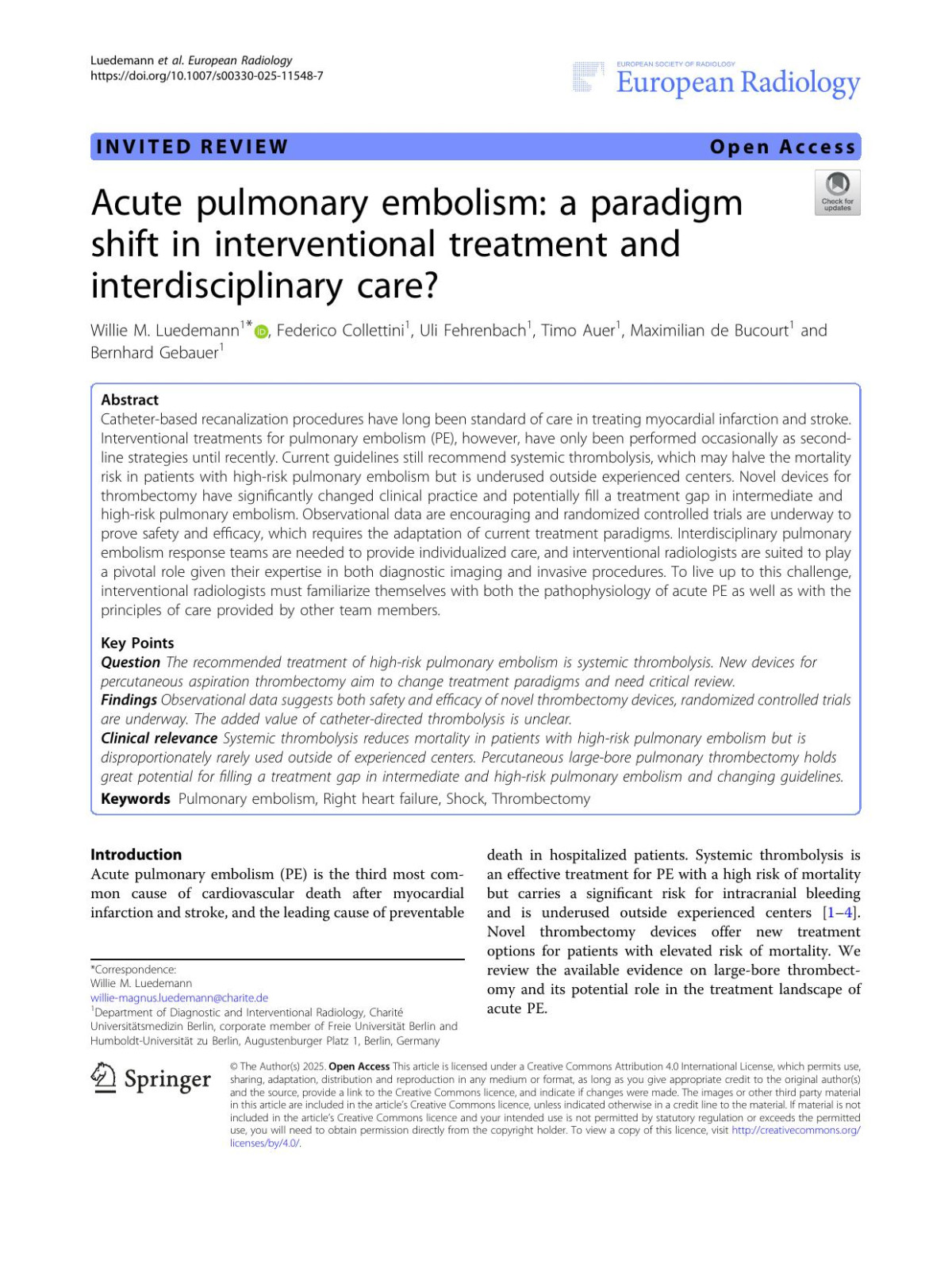 Acute Pulmonary Embolism A Paradigm Shift In Interventional Treatment And Interdisciplinary Care Willie M Luedemann Federico Collettini Uli Fehrenbach Timo Auer Maximilian Bucourt Bernhard Gebauer
