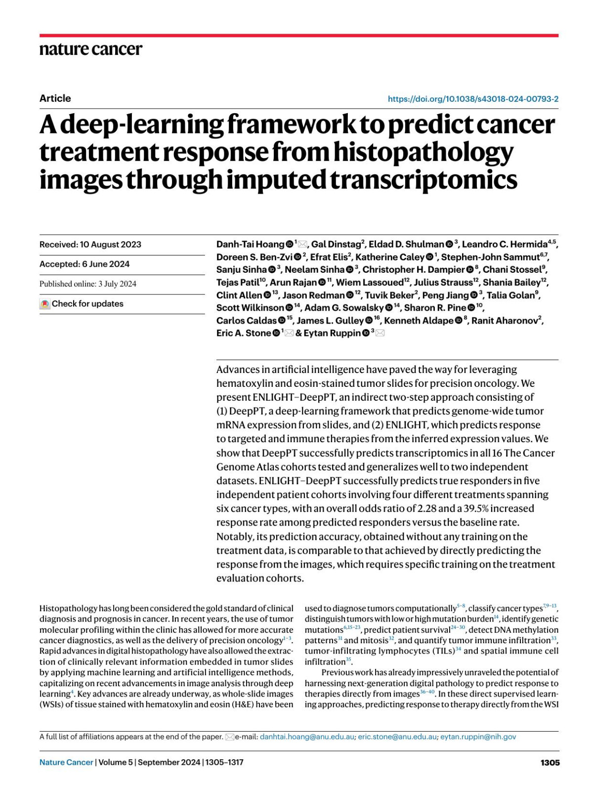 A Deeplearning Framework To Predict Cancer Treatment Response From Histopathology Images Through Imputed Transcriptomics Danhtai Hoang 1
