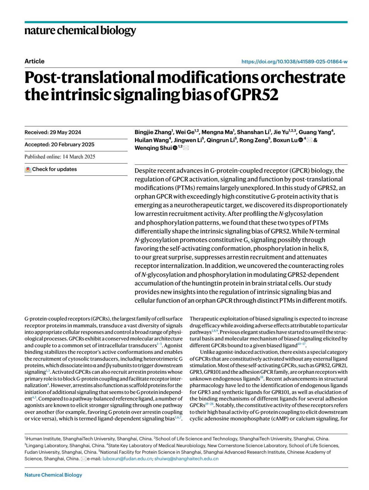 Posttranslational Modifications Orchestrate The Intrinsic Signaling Bias Of Gpr52 Bingjie Zhang Wei Ge Mengna Ma Shanshan Li Jie Yu Guang Yang Huilan Wang Jingwen Li Qingrun Li Rong Zeng Boxun Lu Wenqing Shui