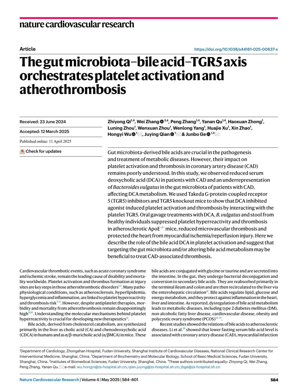 The Gut Microbiotabile Acidtgr5 Axis Orchestrates Platelet Activation And Atherothrombosis Zhiyong Qi Wei Zhang Peng Zhang Yanan Qu Haoxuan Zhong Luning Zhou Wenxuan Zhou Wenlong Yang Huajie Xu Xin Zhao Hongyi Wu Juying Qian Junbo Ge