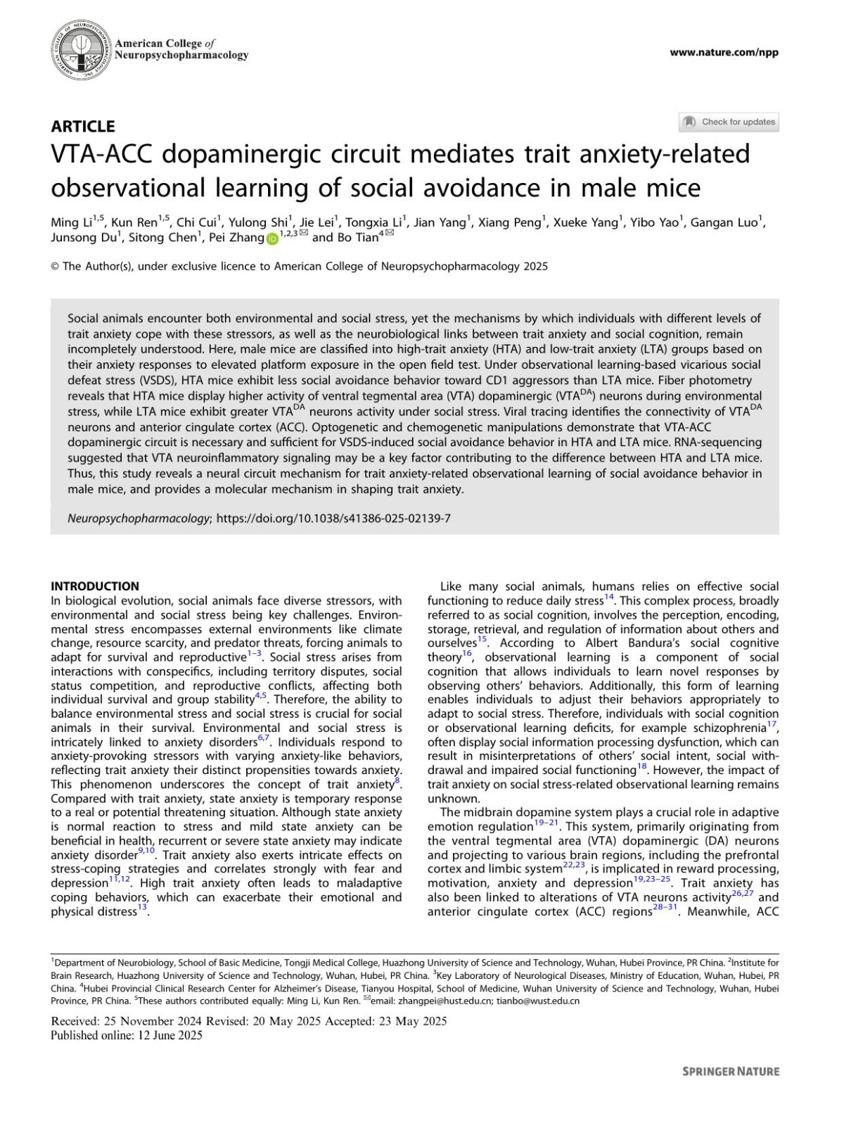 Vtaacc Dopaminergic Circuit Mediates Trait Anxietyrelated Observational Learning Of Social Avoidance In Male Mice Ming Li Kun Ren Chi Cui Yulong Shi Jie Lei Tongxia Li Jian Yang Xiang Peng Xueke Yang Yibo Yao Gangan Luo Junsong Du Sitong Chen Pei Zhang Bo Tian
