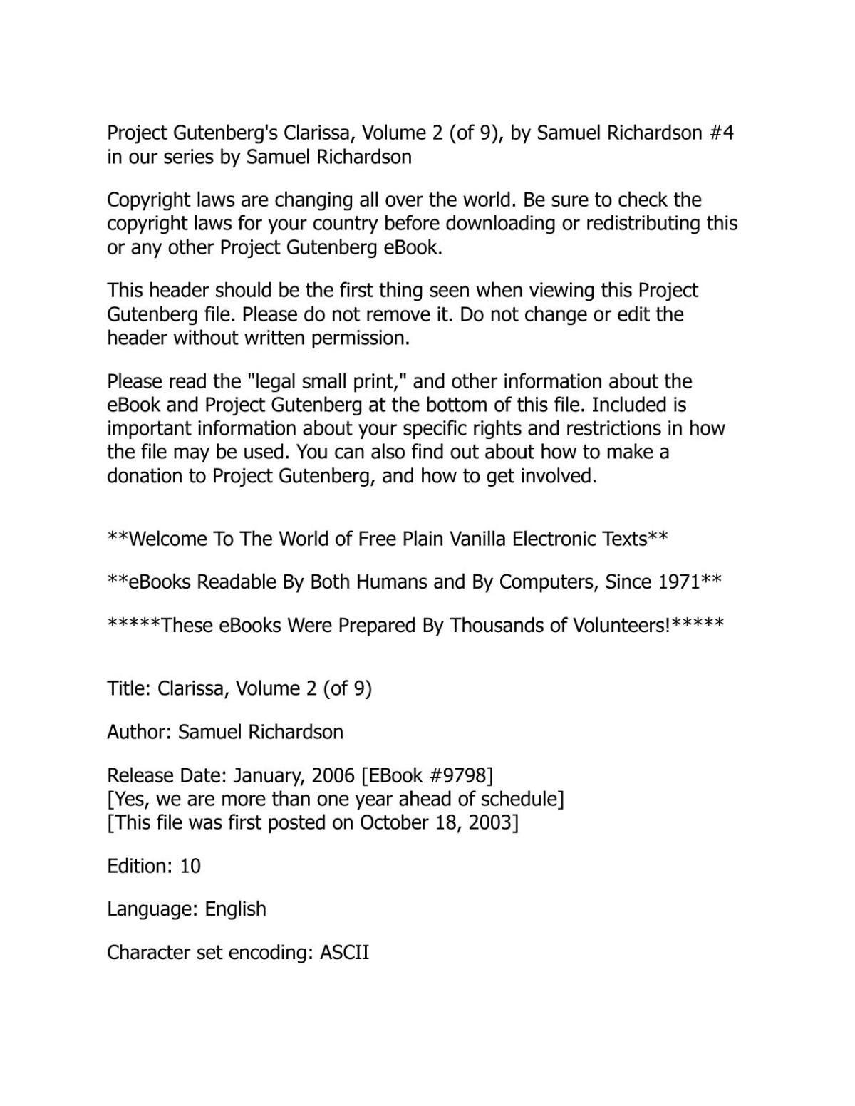 Clarissa Harlowe Or The History Of A Young Lady Volume 2 Samuel Richardson