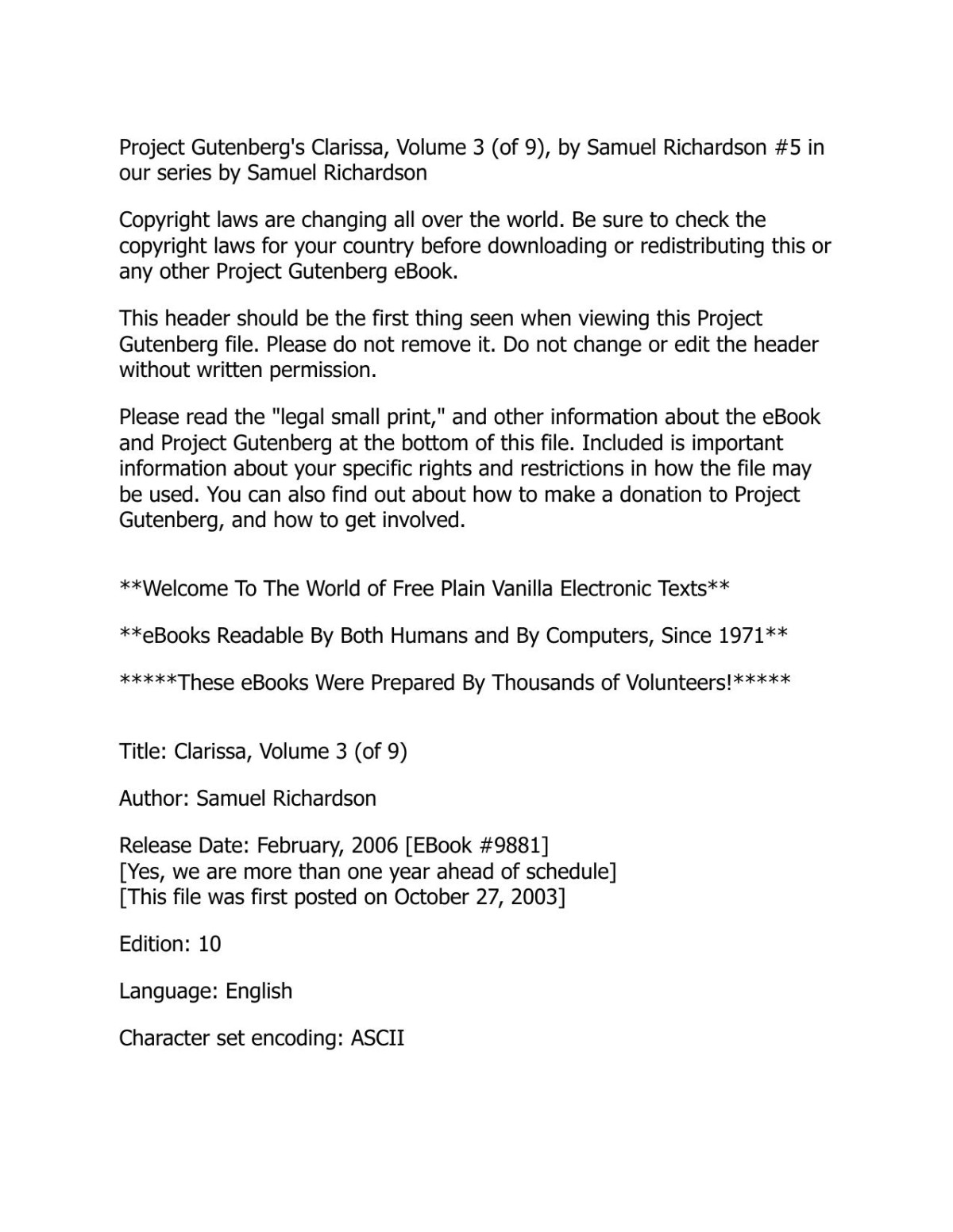 Clarissa Harlowe Or The History Of A Young Lady Volume 3 Samuel Richardson