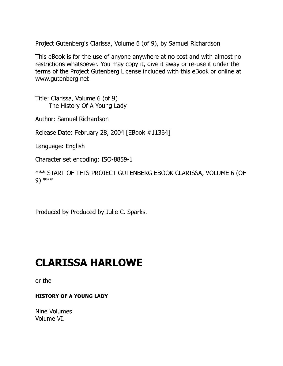 Clarissa Harlowe Or The History Of A Young Lady Volume 6 Samuel Richardson