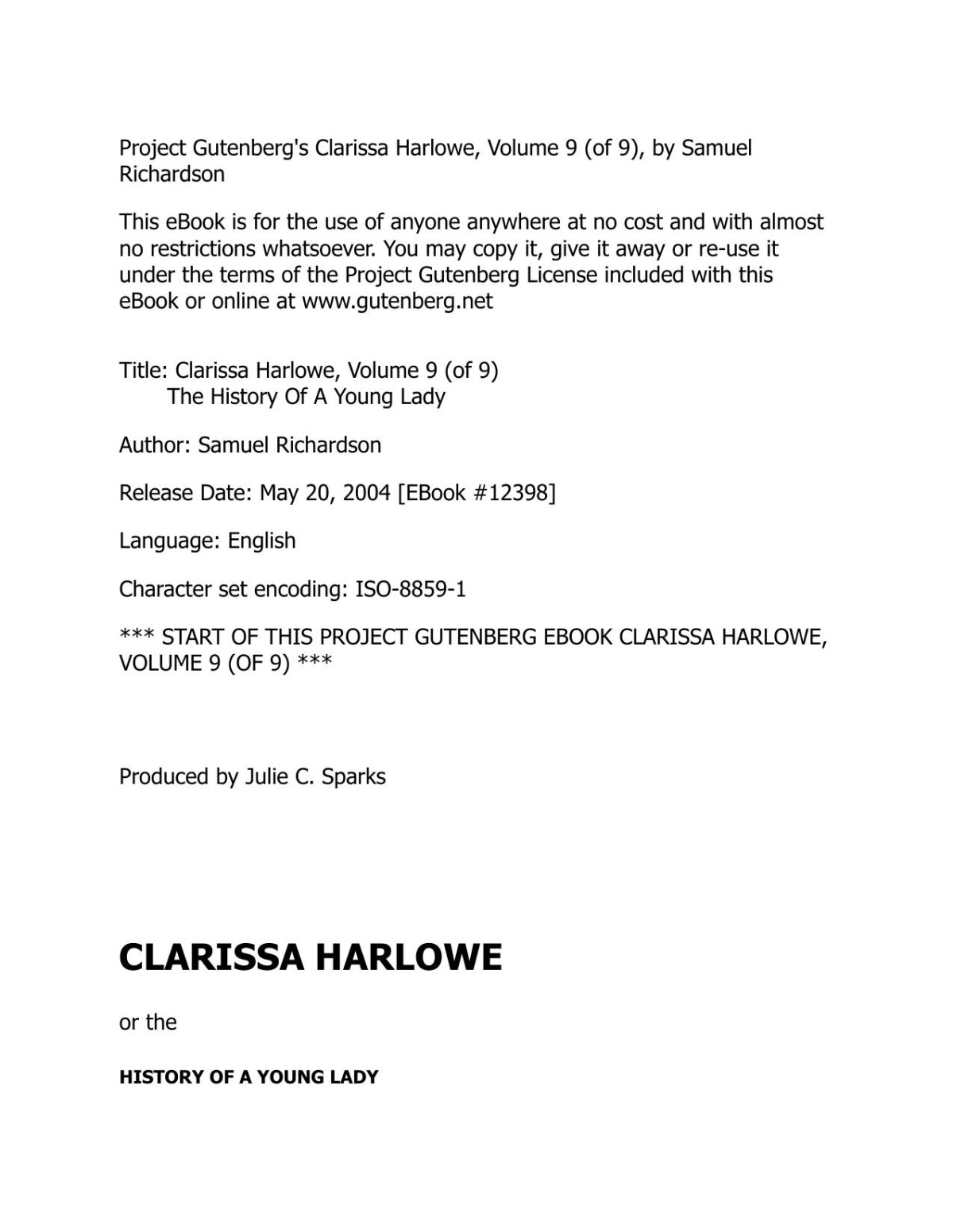 Clarissa Harlowe Or The History Of A Young Lady Volume 9 Samuel Richardson