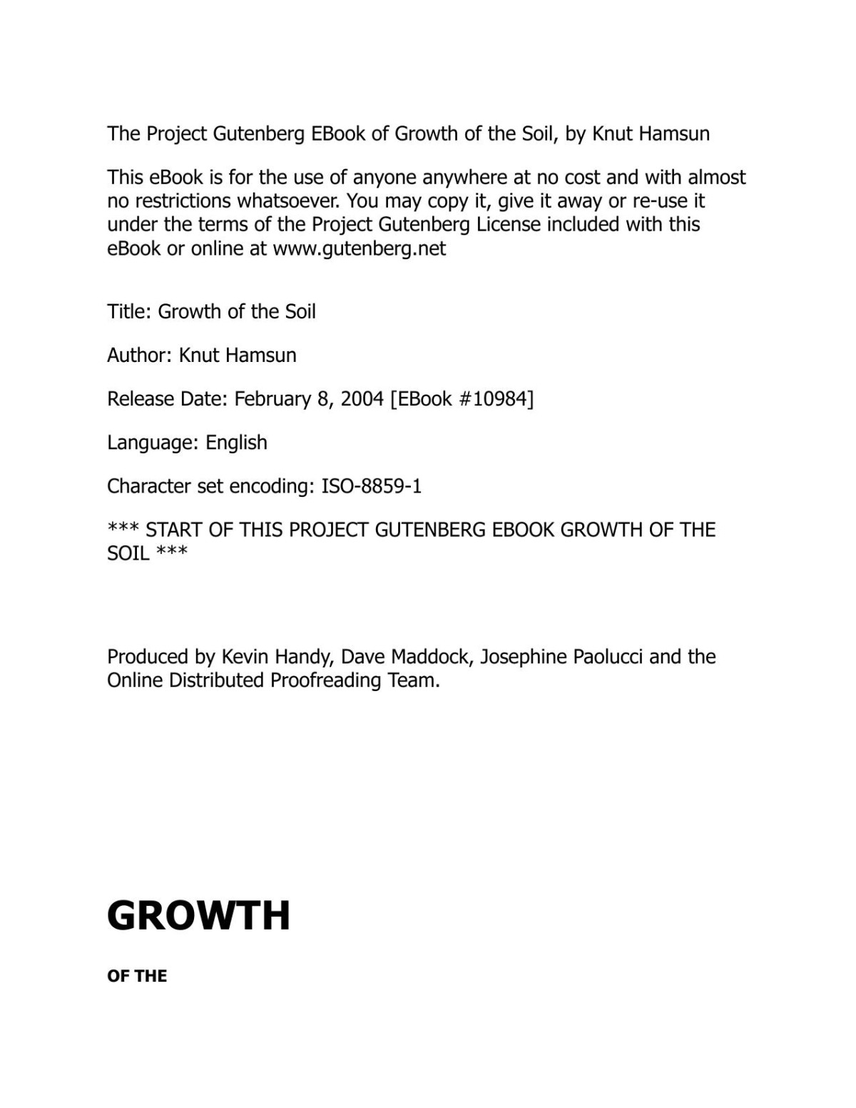 Growth Of The Soil Knut Hamsun