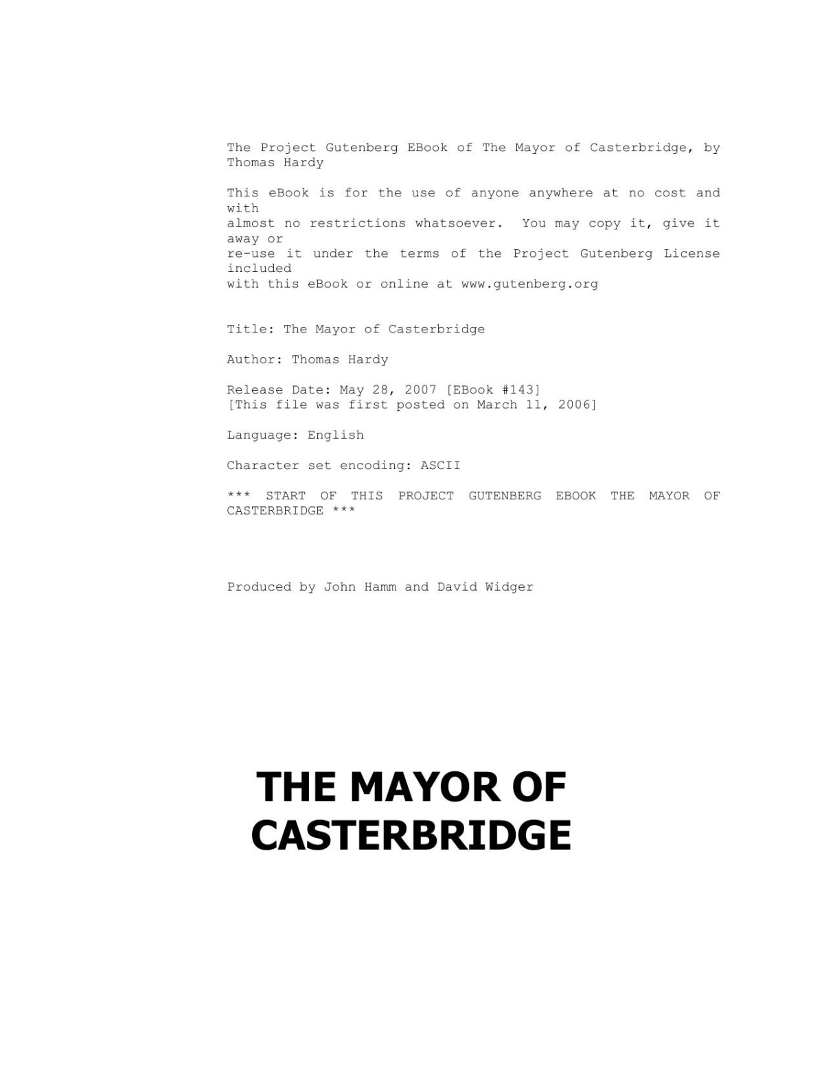 The Mayor Of Casterbridge Thomas Hardy