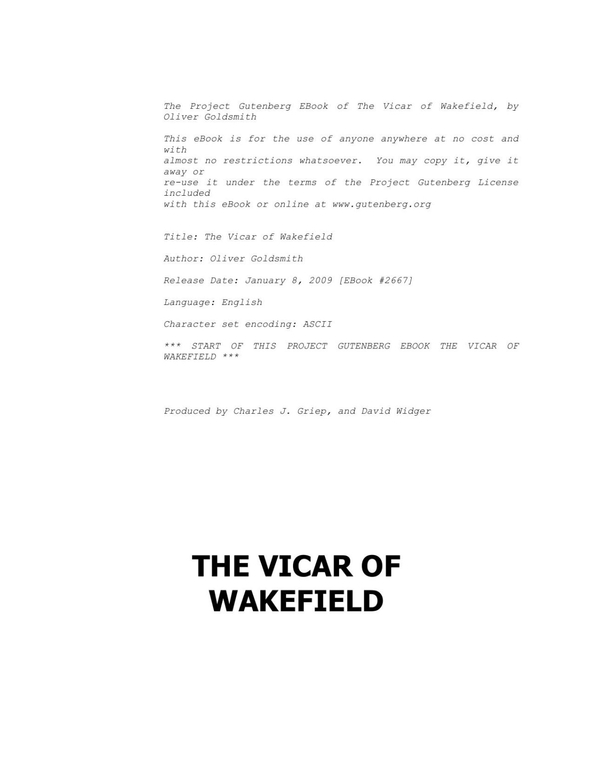 The Vicar Of Wakefield Oliver Goldsmith