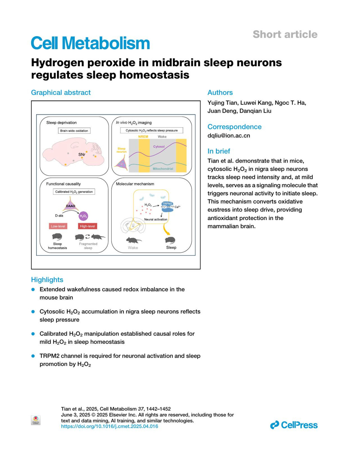 Hydrogen Peroxide In Midbrain Sleep Neurons Regulates Sleep Homeostasis Yujing Tian Luwei Kang Ngoc T Ha Juan Deng Danqian Liu