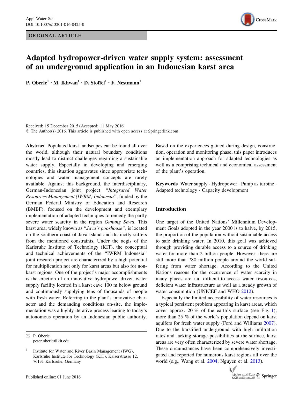 Adapted Hydropowerdriven Water Supply System Assessment Of An Underground Application In An Indonesian Karst Area P Oberle M Ikhwan D Stoffel F Nestmann