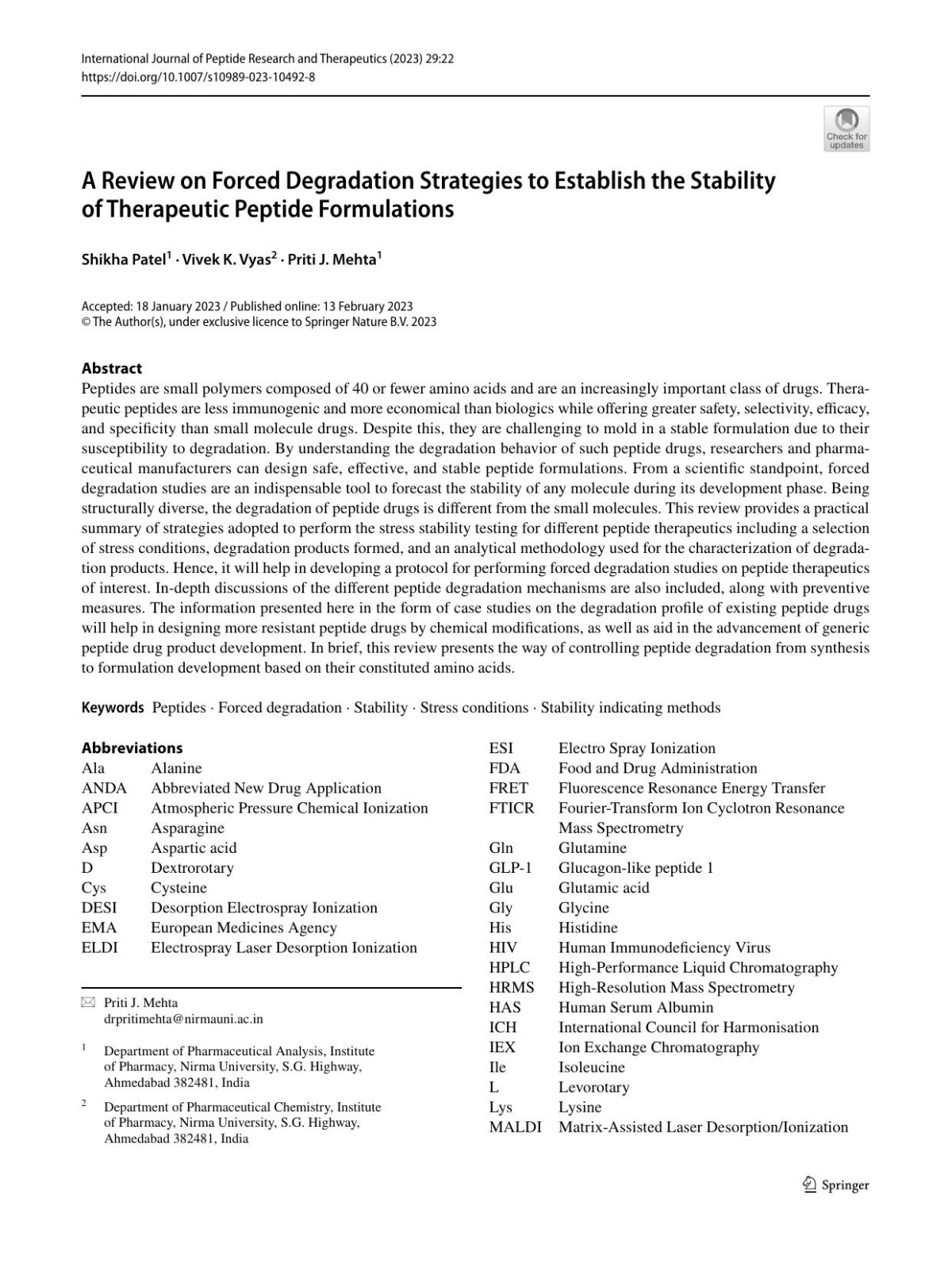 A Review On Forced Degradation Strategies To Establish The Stability Of Therapeutic Peptide Formulations Shikha Patel Vivek K Vyas Priti J Mehta