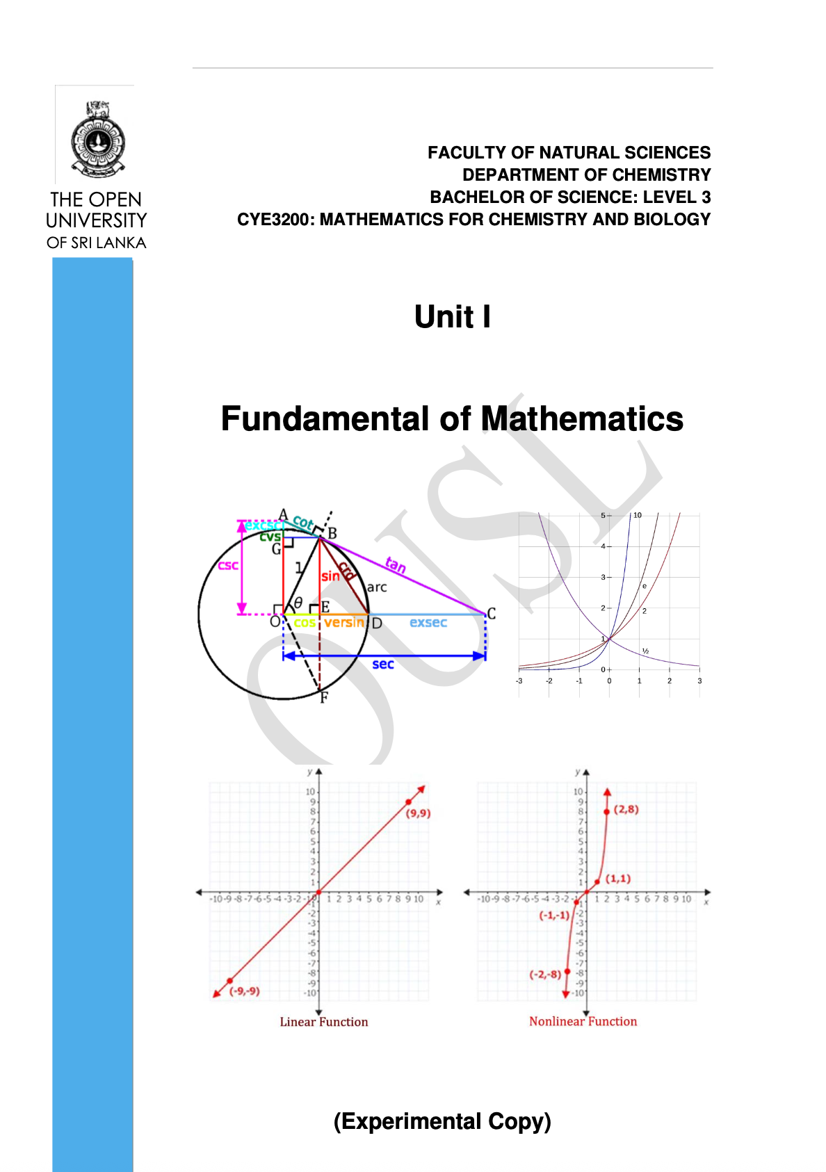 Mathematics For Chemistry And Biology Students Unit 1 D R Kulatunge