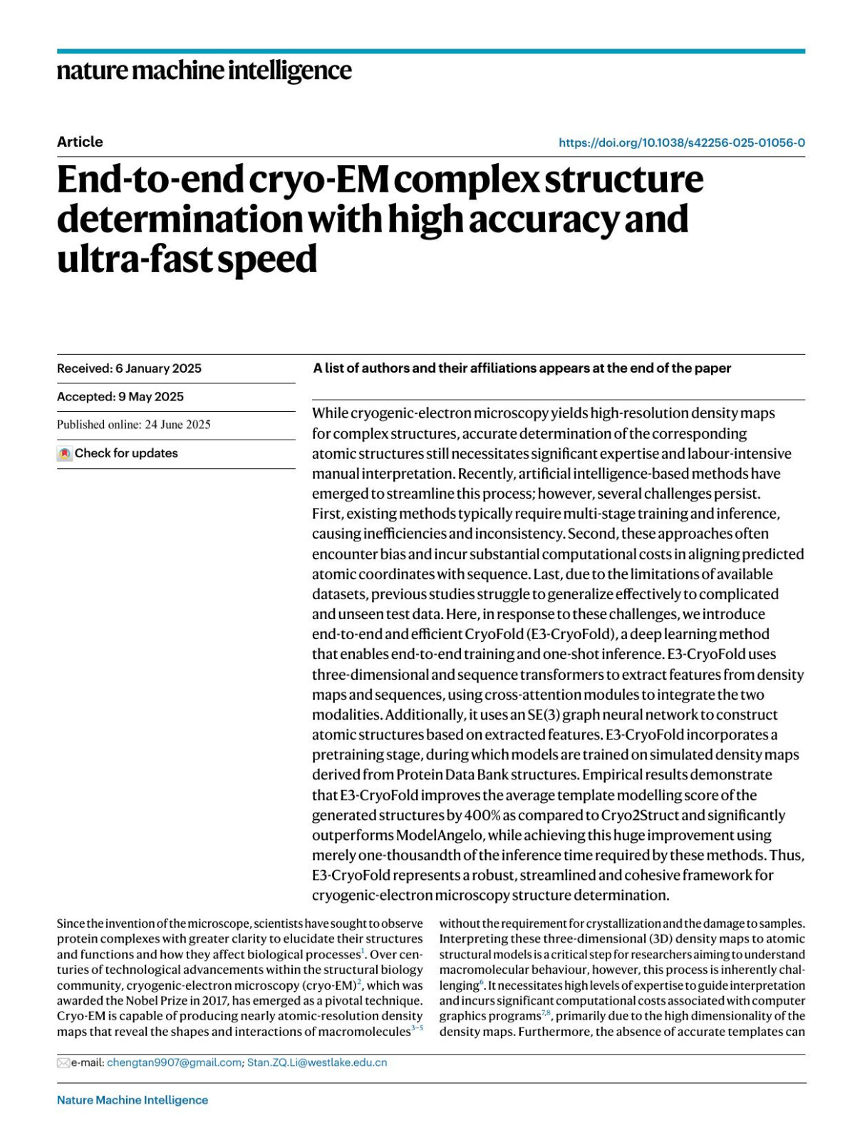 Endtoend Cryoem Complex Structure Determination With High Accuracy And Ultrafast Speed Jue Wang Cheng Tan Zhangyang Gao Guijun Zhang Yang Zhang Stan Z Li