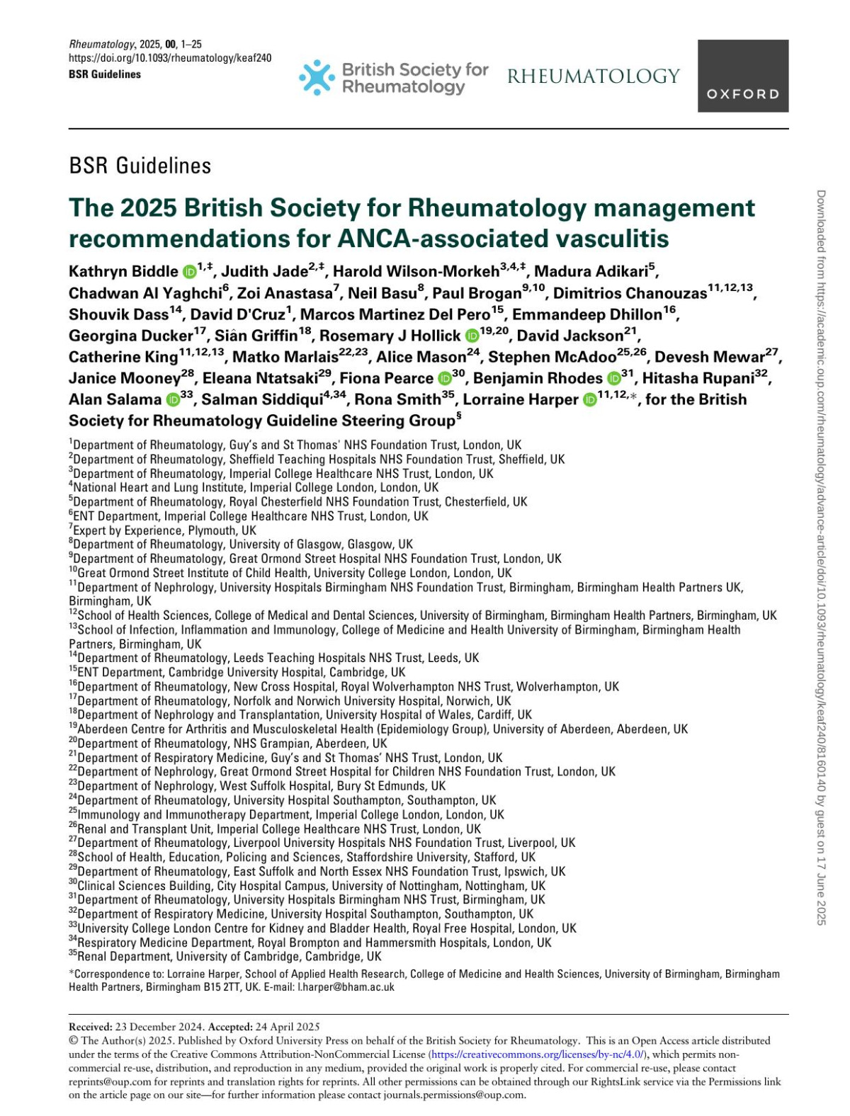 The 2025 British Society For Rheumatology Management Recommendations For Ancaassociated Vasculitis Kathryn Biddle Judith Jade Harold Wilsonmorkeh Madura Adikari Chadwan Al Yaghchi Zoi Anastasa Neil Basu Paul Brogan Dimitrios Chanouzas Shouvik Dass David Dcruz Marcos Martinez Delpero Emmandeep Dhillon Georgina Ducker